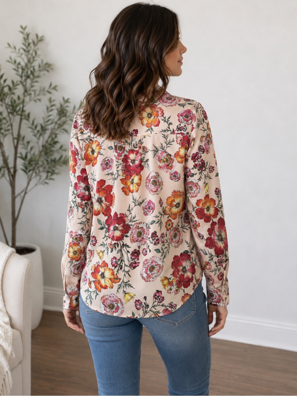 Express Portofino Peach-Pink Floral Button-Down Shirt - Picture 2 of 10
